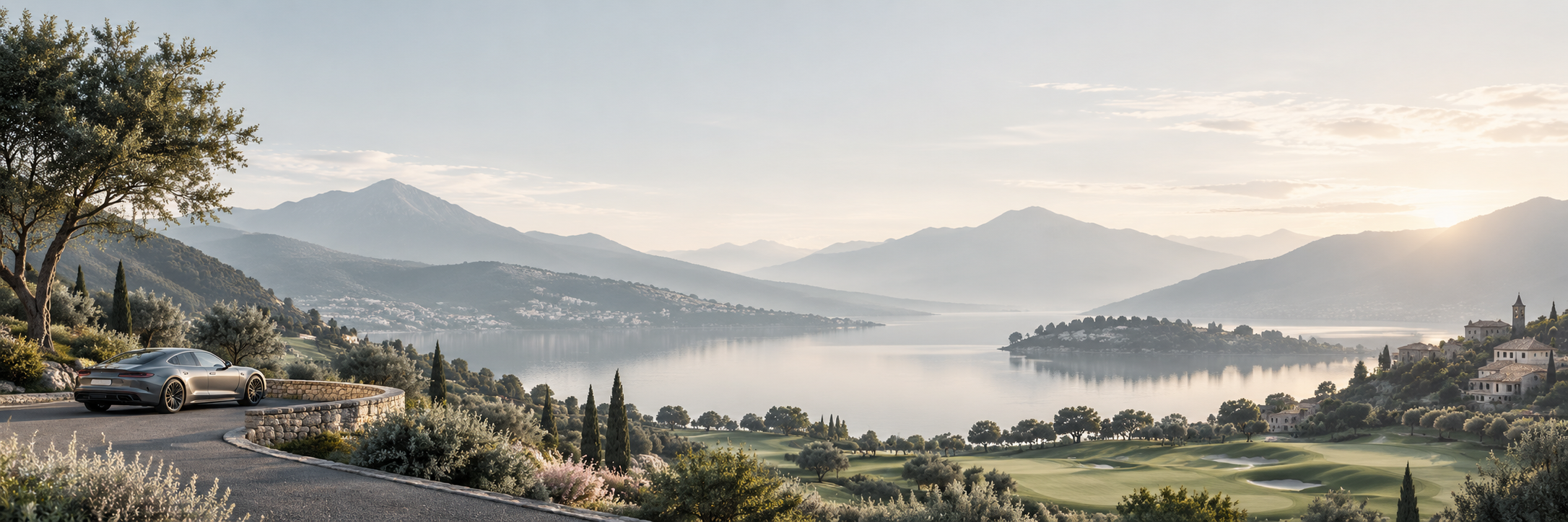 Berglandschaft mit See, Golfplatz und Dorf